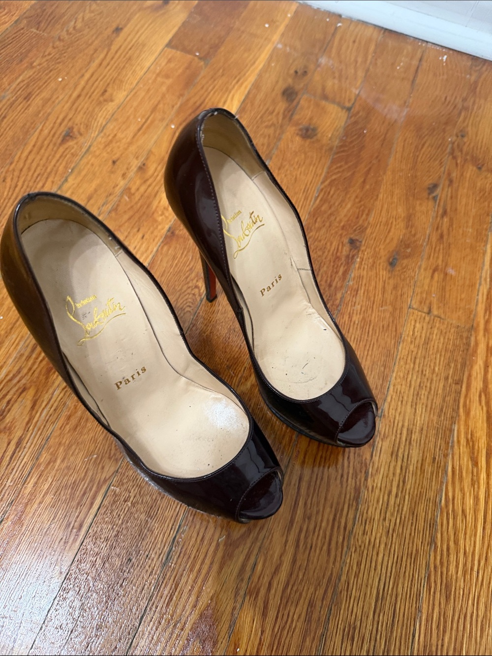 Christian Louboutin Dark Brown Patent Peep-Toe Pumps
